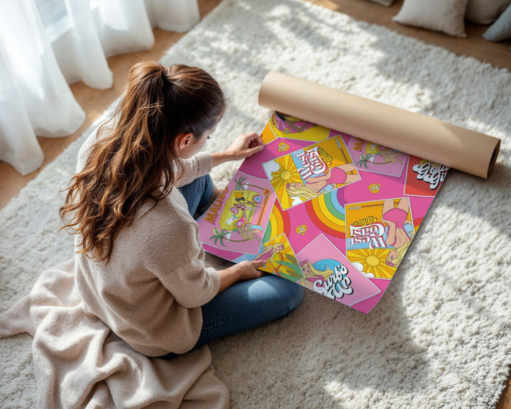 Woman unrolling a colorful mat on a light-colored floor.