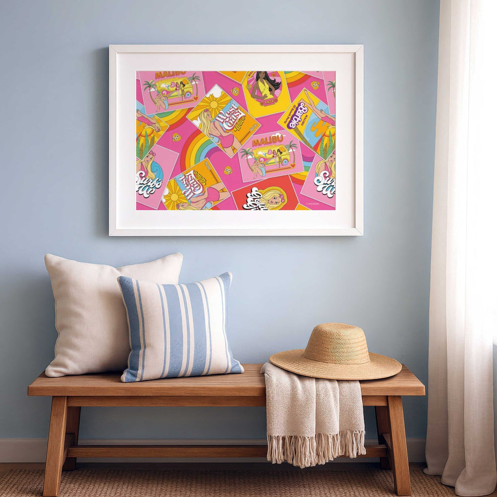Colorful artwork above a wooden bench with pillows and a hat in a room.