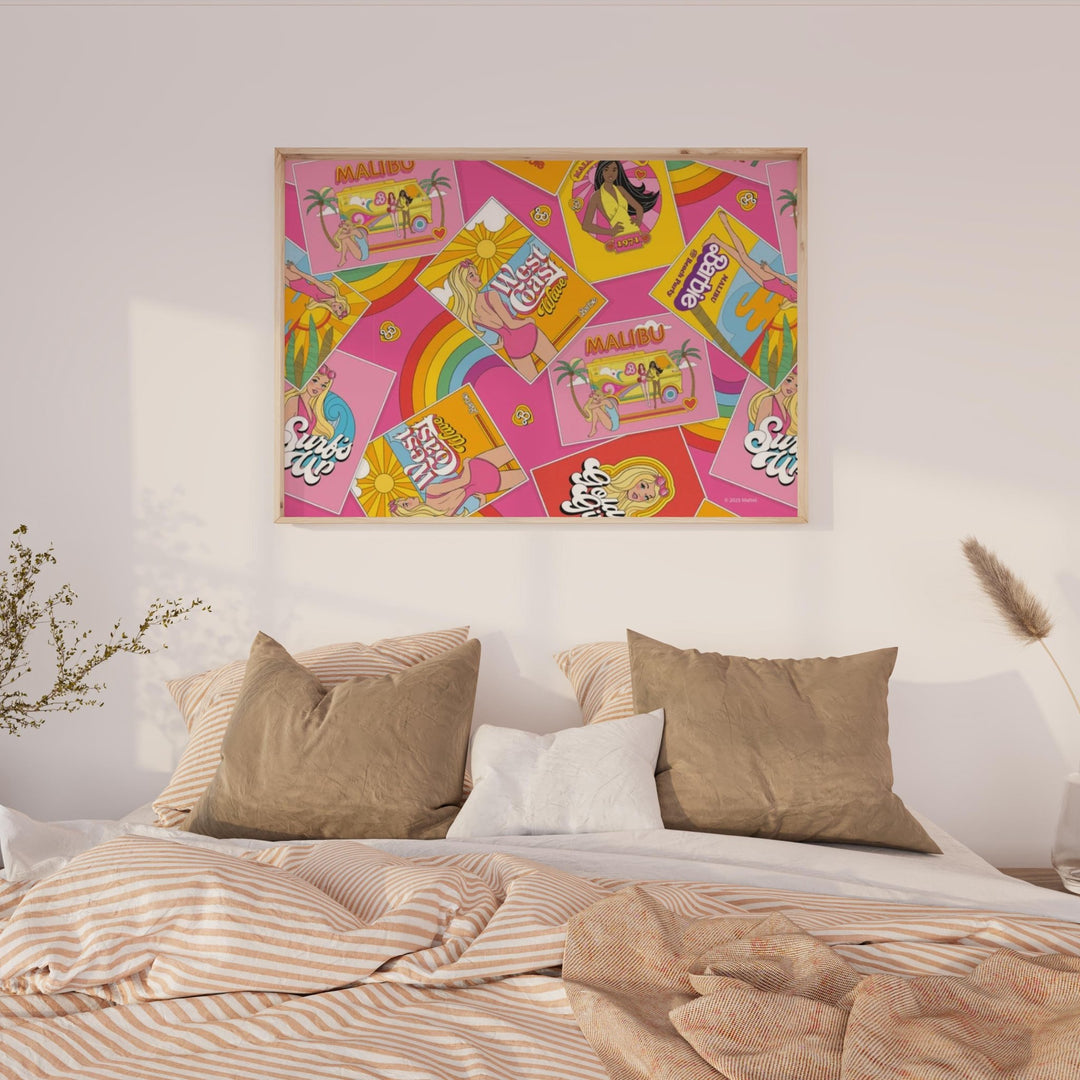 Colorful artwork above a bed with beige pillows and striped bedding.
