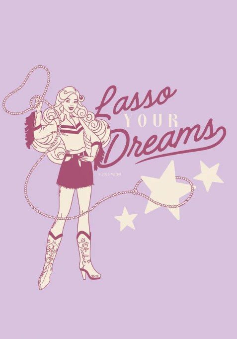 Illustration of a woman with a lasso and stars on a purple background with 'Lasso Your Dreams' text, framed