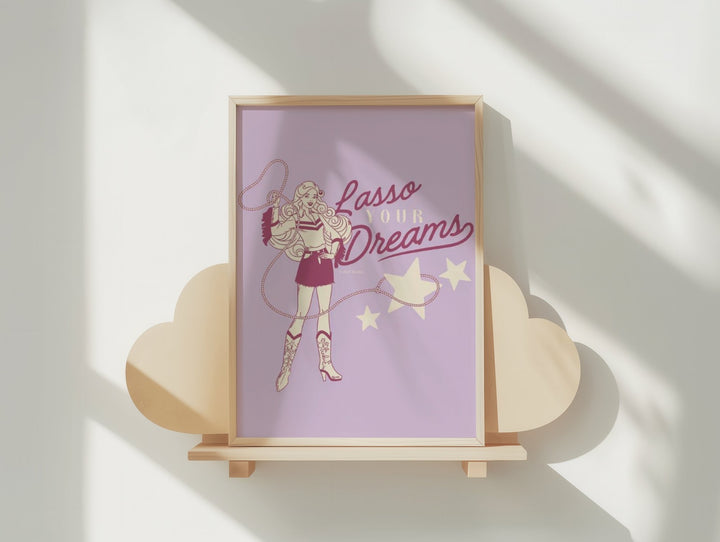 poster with a character and 'Lasso Your Dreams' text on a light background