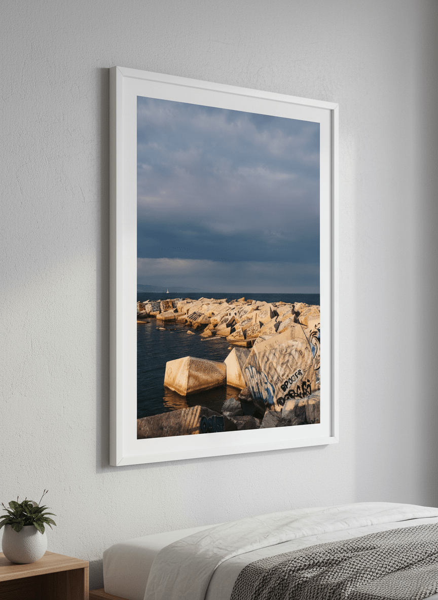 Minimalist artwork displayed in a calm, light-filled bedroom interior