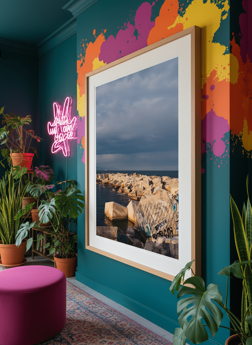 Bold wall art styled in a colourful, eclectic modern home