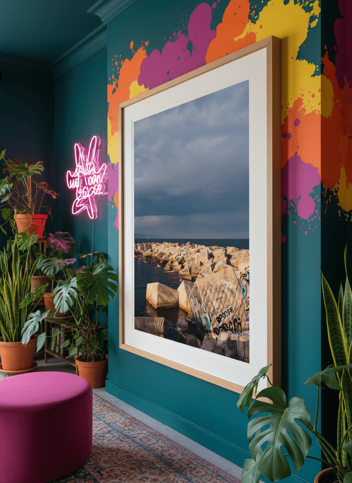 Bold wall art styled in a colourful, eclectic modern home