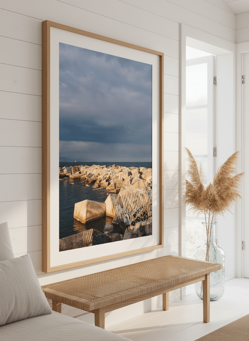Neutral wall art displayed in a sunny coastal beach house