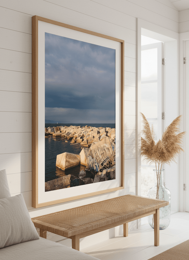Neutral wall art displayed in a sunny coastal beach house