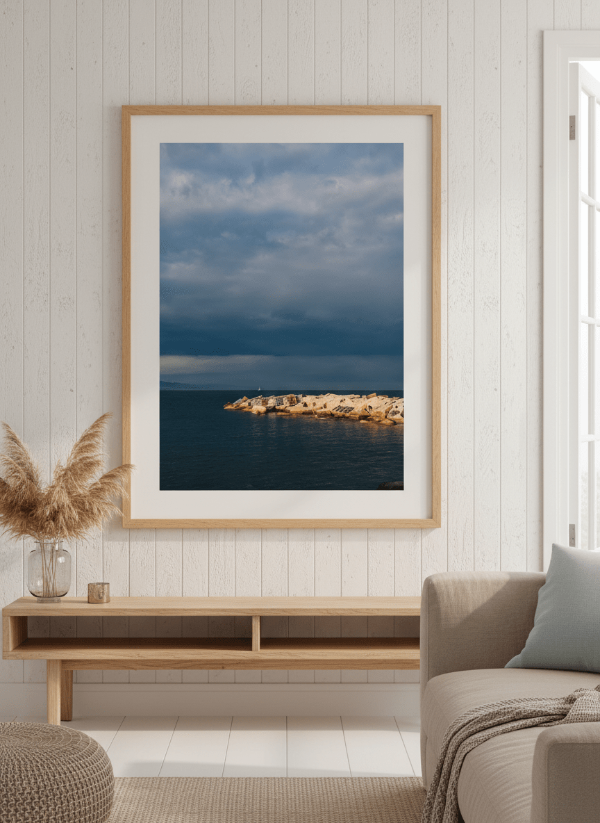 Neutral wall art displayed in a sunny coastal beach house