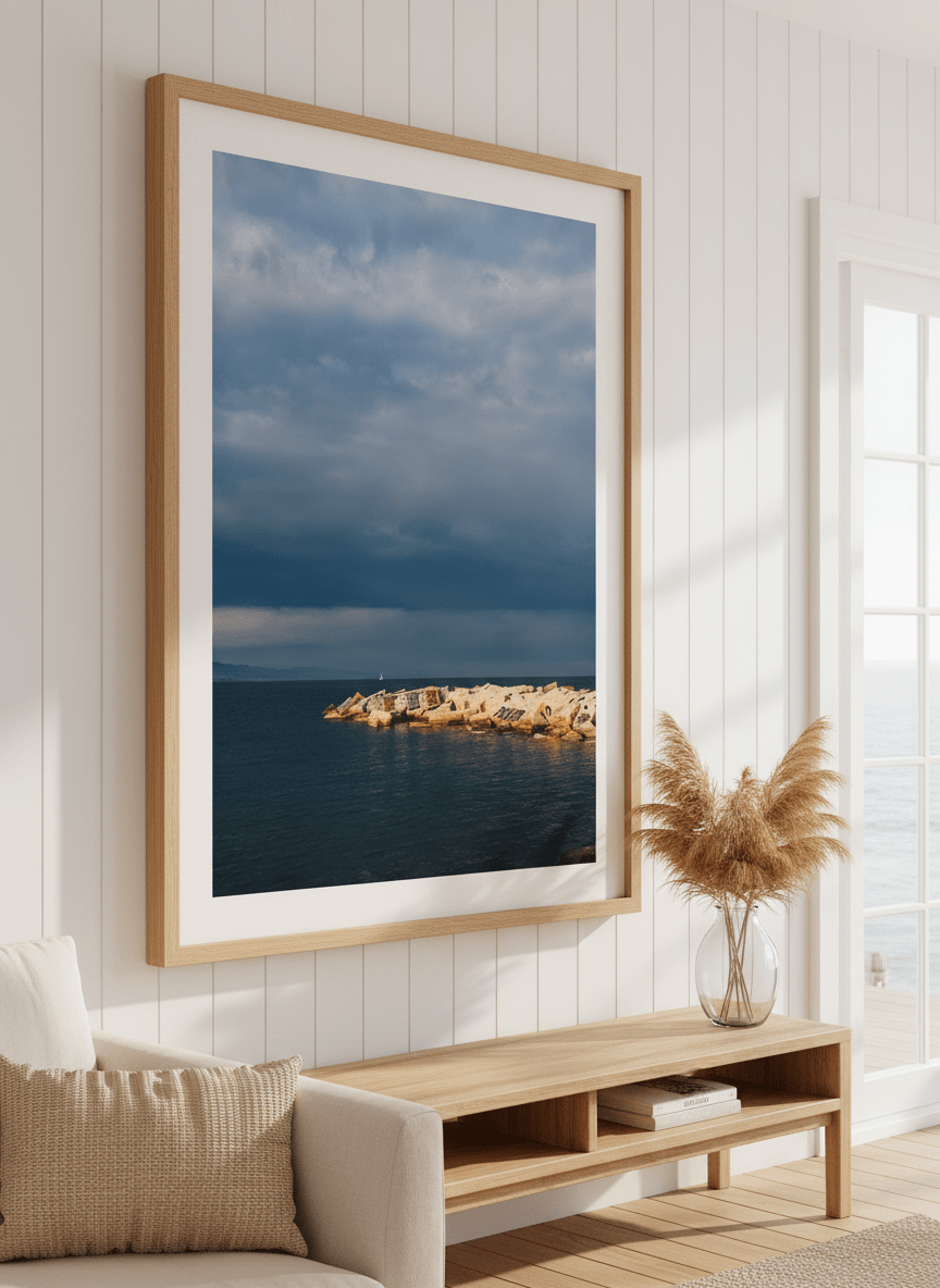 Neutral wall art displayed in a sunny coastal beach house