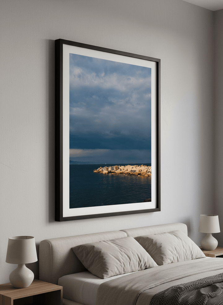 Minimalist artwork displayed in a calm, light-filled bedroom interior