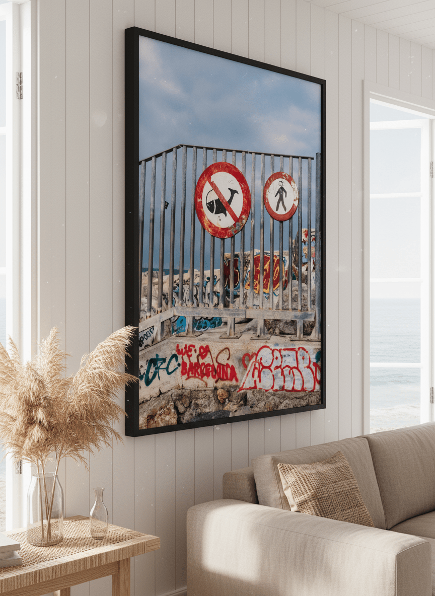 Neutral wall art displayed in a sunny coastal beach house