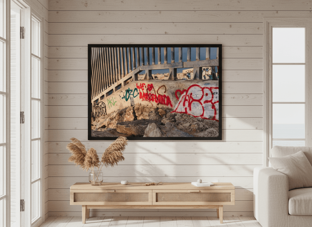 Neutral wall art displayed in a sunny coastal beach house