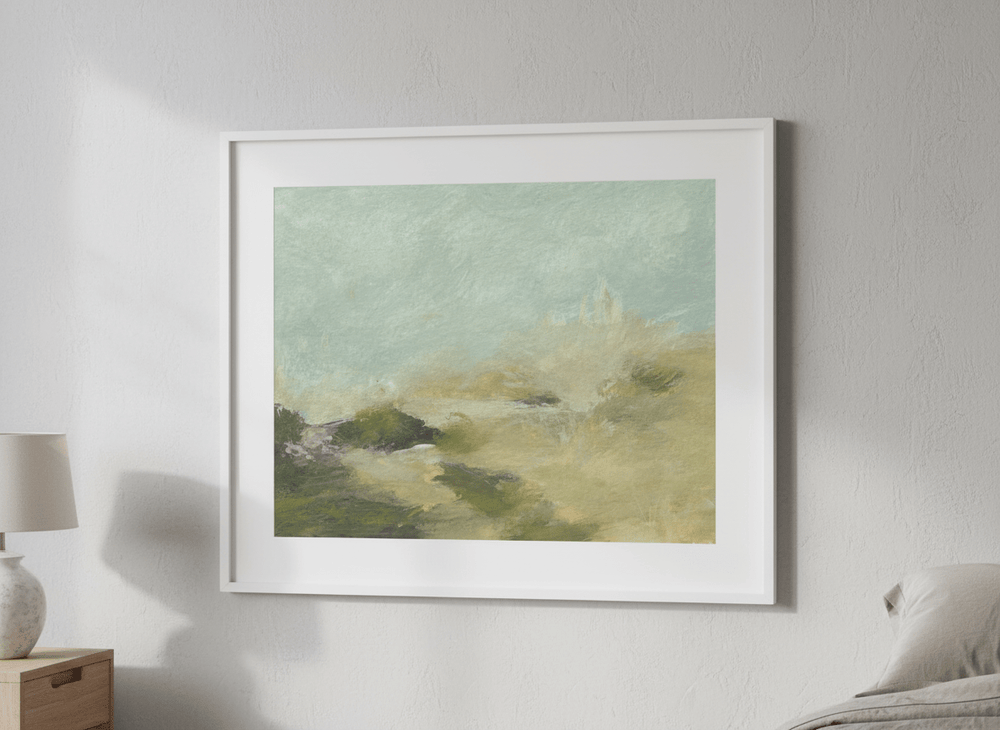 Minimalist artwork displayed in a calm, light-filled bedroom interior