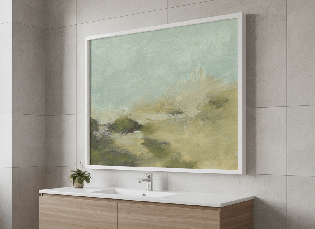 Modern print displayed in a clean minimalist bathroom setting