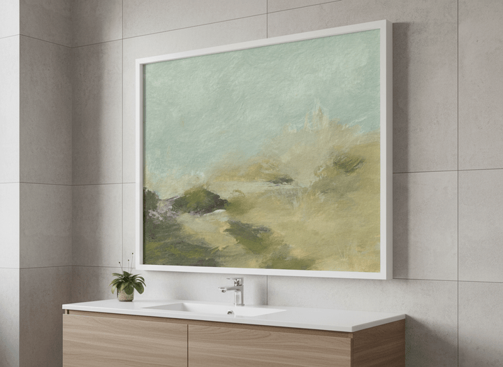Modern print displayed in a clean minimalist bathroom setting