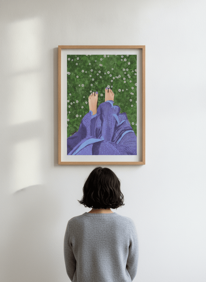 Person showcasing the artwork against a clean modern interior wall