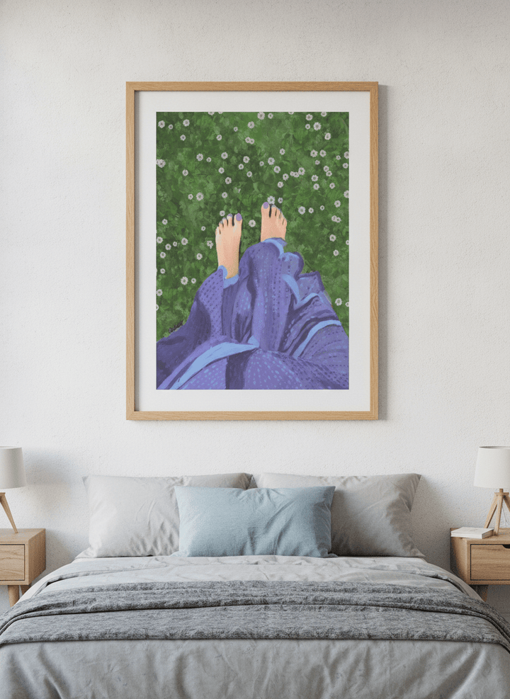 Minimalist artwork displayed in a calm, light-filled bedroom interior