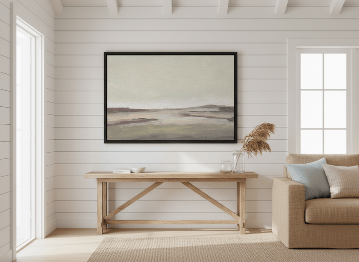 Neutral wall art displayed in a sunny coastal beach house
