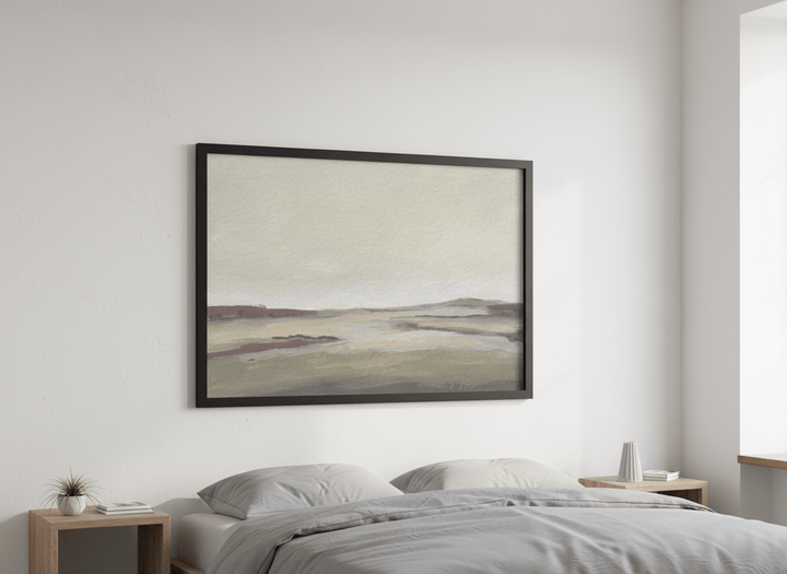 Minimalist artwork displayed in a calm, light-filled bedroom interior