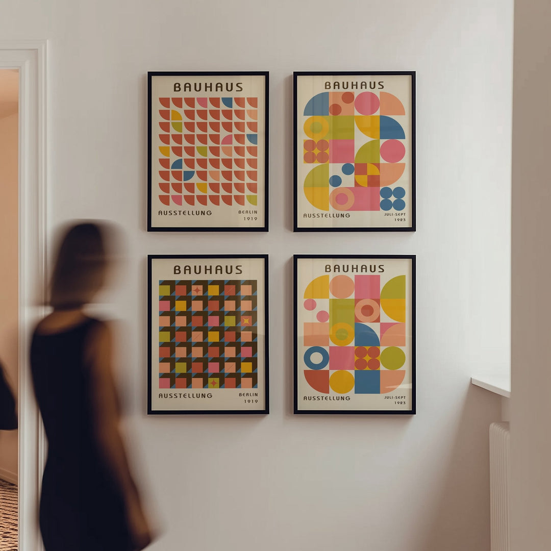 Bauhaus Gallery Set of 4 Repeating Colour Wall Art,livingrooom,timber border.