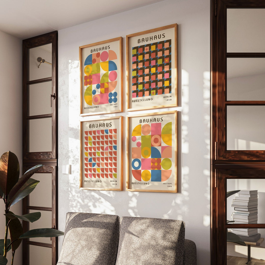 Bauhaus Gallery Set of 4 Repeating Colour Wall Art,livingrooom,timber border.