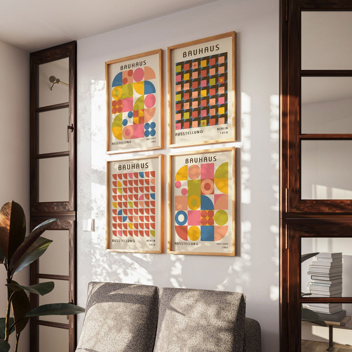 Bauhaus Gallery Set of 4 Repeating Colour Wall Art,livingrooom,timber border.