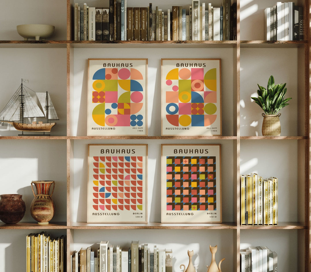 Bauhaus Gallery Set of 4 Repeating Colour Wall Art,livingrooom,timber border.