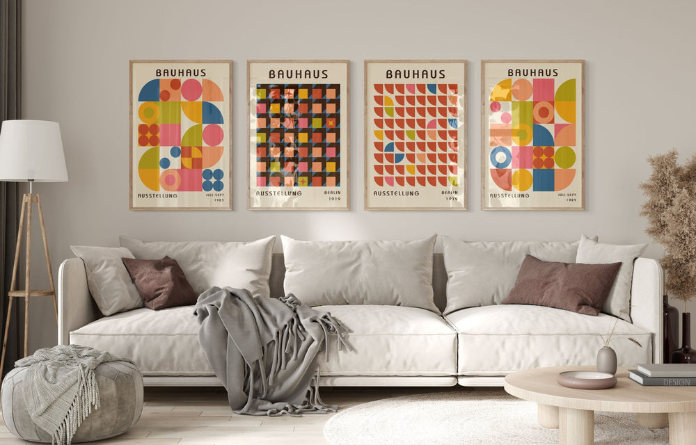 Bauhaus Gallery Set of 4 Repeating Colour Wall Art,livingrooom,timber border.