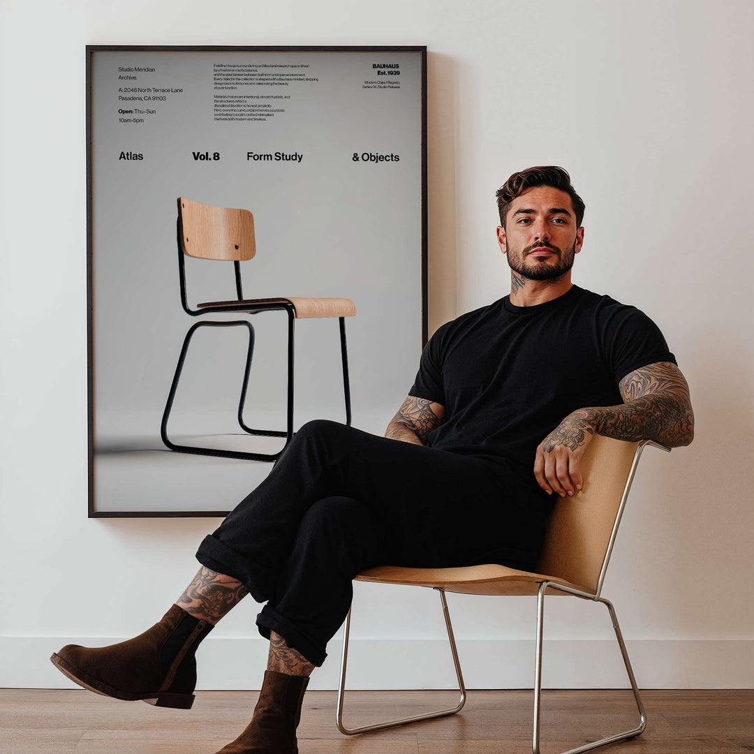 Man sitting on a chair in a room with a poster of a chair on the wall.
