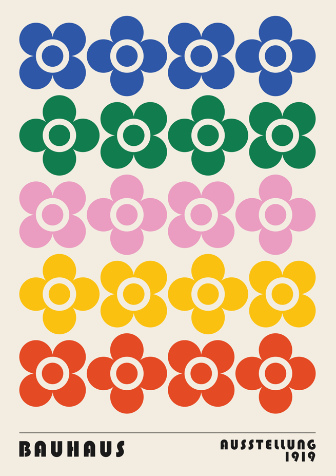 Bauhaus Retro Coloured Flowers Horizontal frame