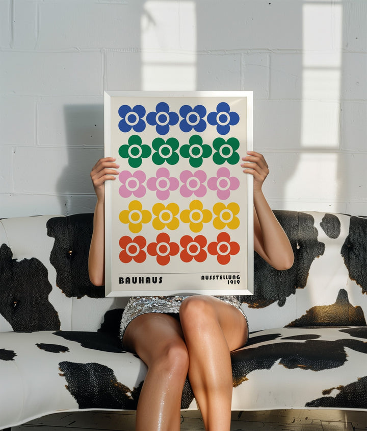 Bauhaus Retro Coloured Flowers Horizontal wall - art - picture - poster