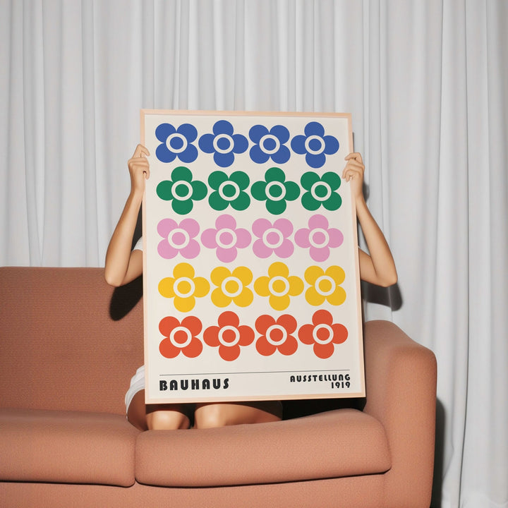 Bauhaus Retro Coloured Flowers Horizontal wall - art - picture - poster