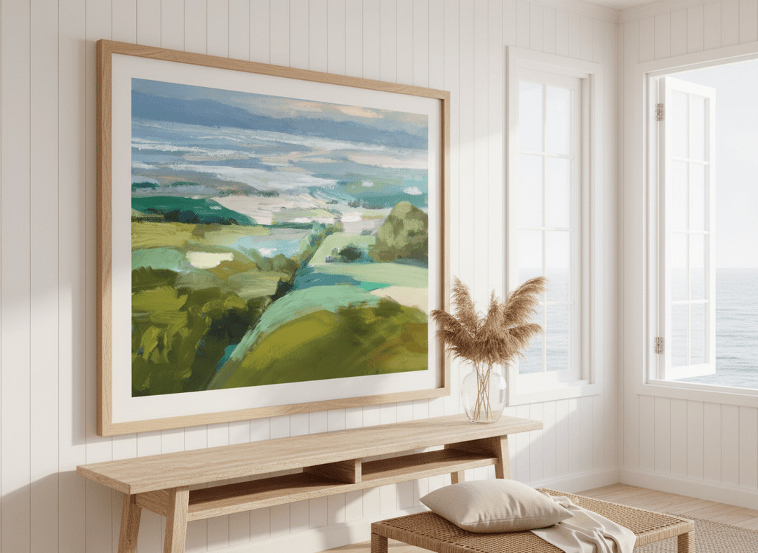 Neutral wall art displayed in a sunny coastal beach house