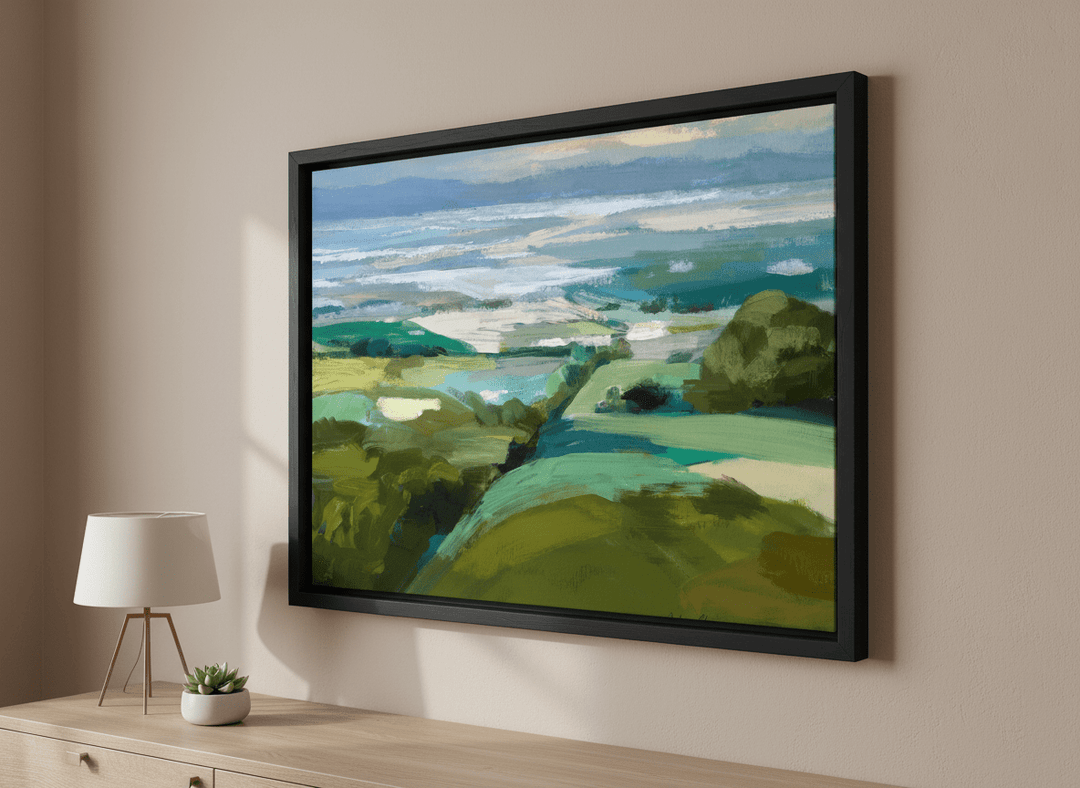 Minimalist artwork displayed in a calm, light-filled bedroom interior