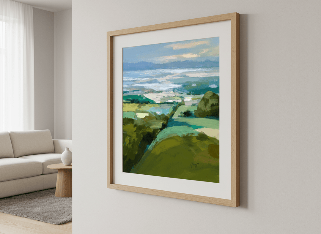 Modern wall art styled above a sofa in a neutral living room