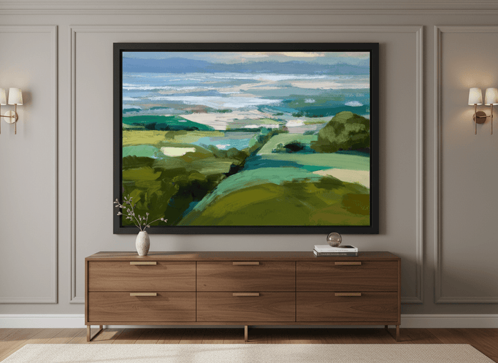 Monumental artwork centred on a feature wall in a luxe interior