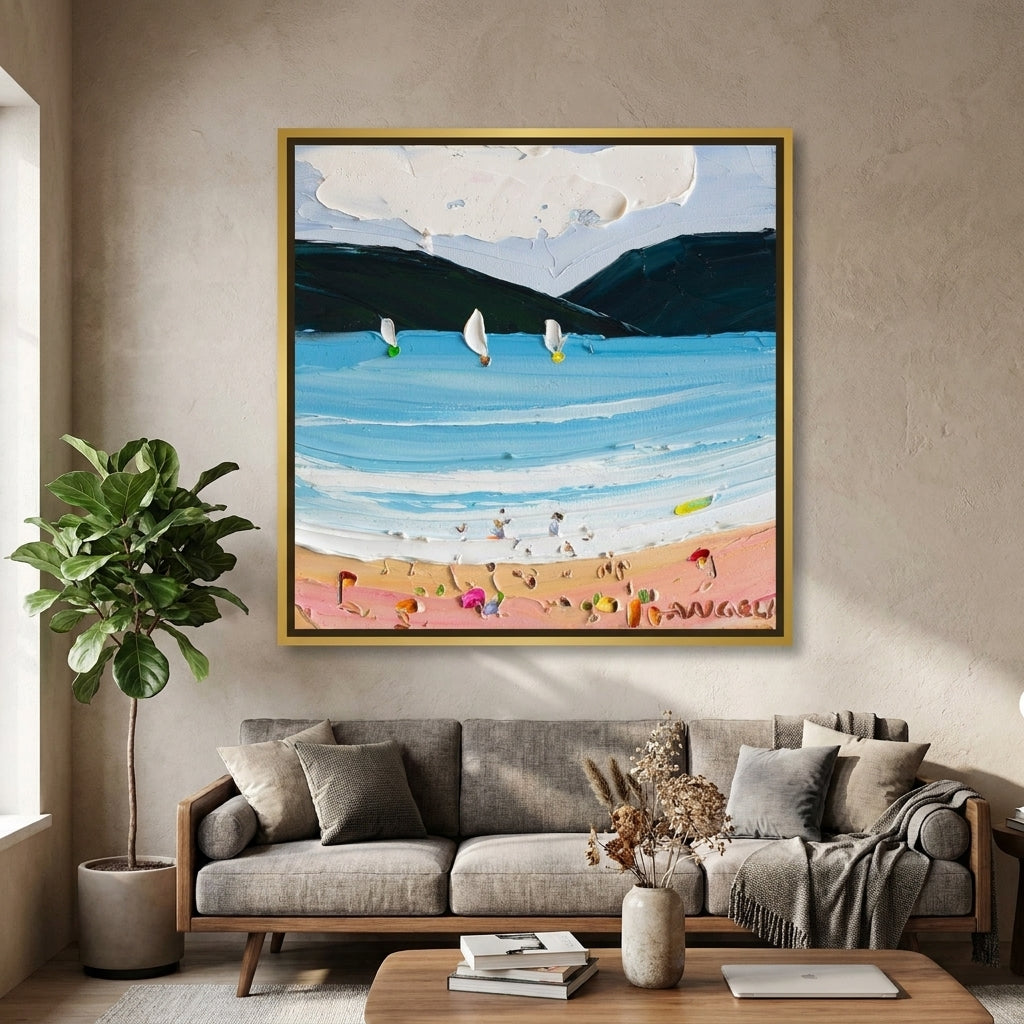 Canvas wall art with a gold leaf surround styled in a bright modern office