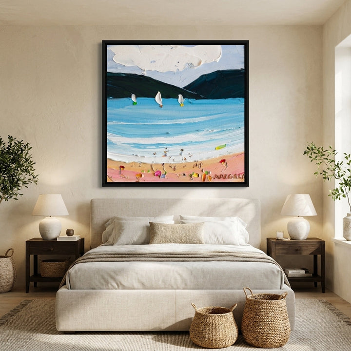 Canvas wall art with a black surround styled in a calm, light-filled bedroom