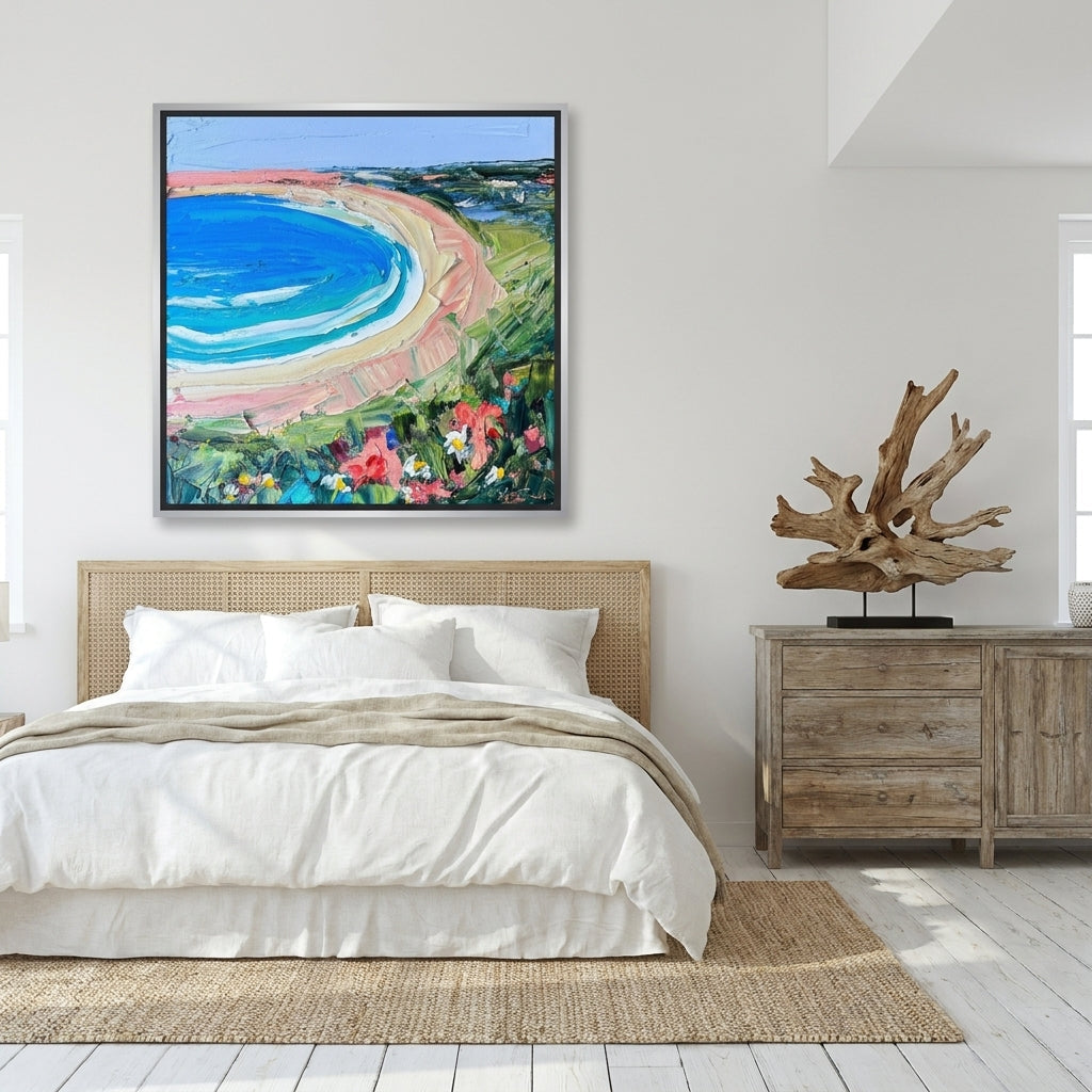 Oversized statement canvas wall art with a silver leaf surround styled on the wall in a coastal bedroom