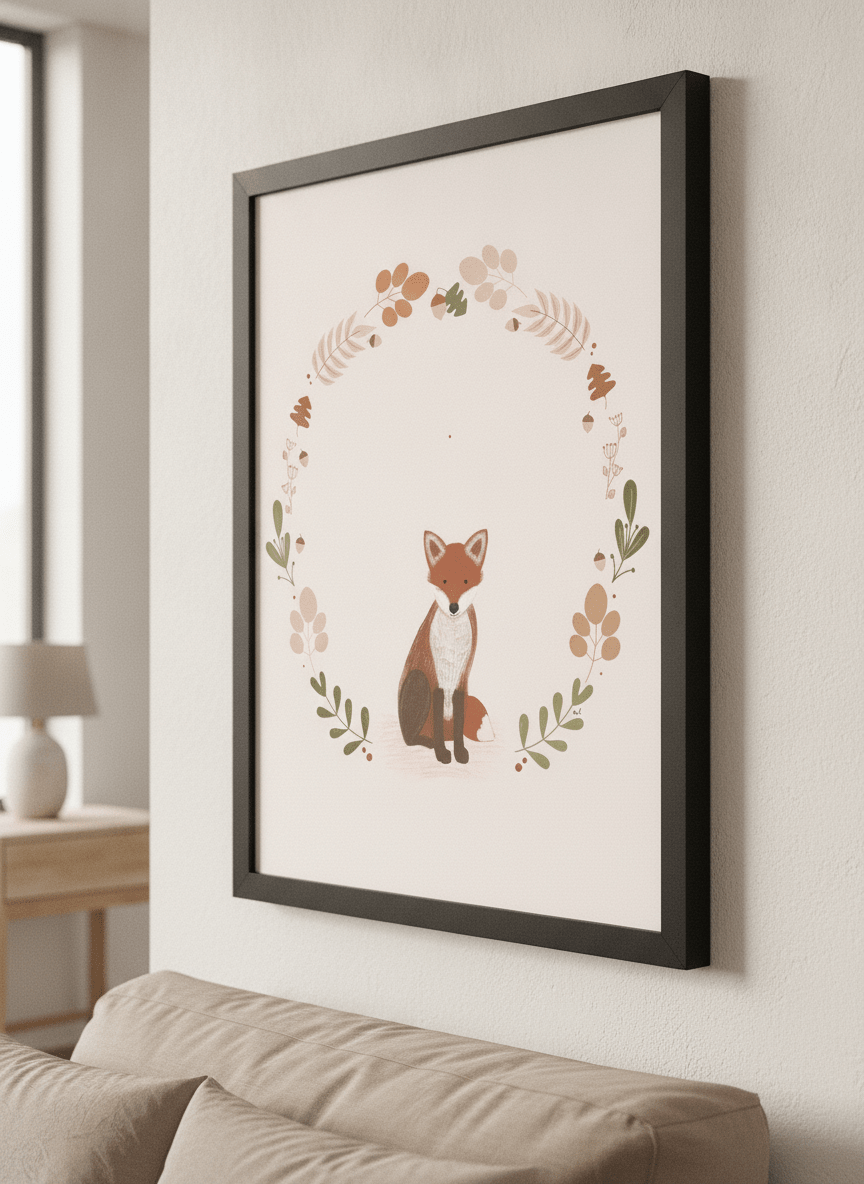 Minimalist artwork displayed in a calm, light-filled bedroom interior