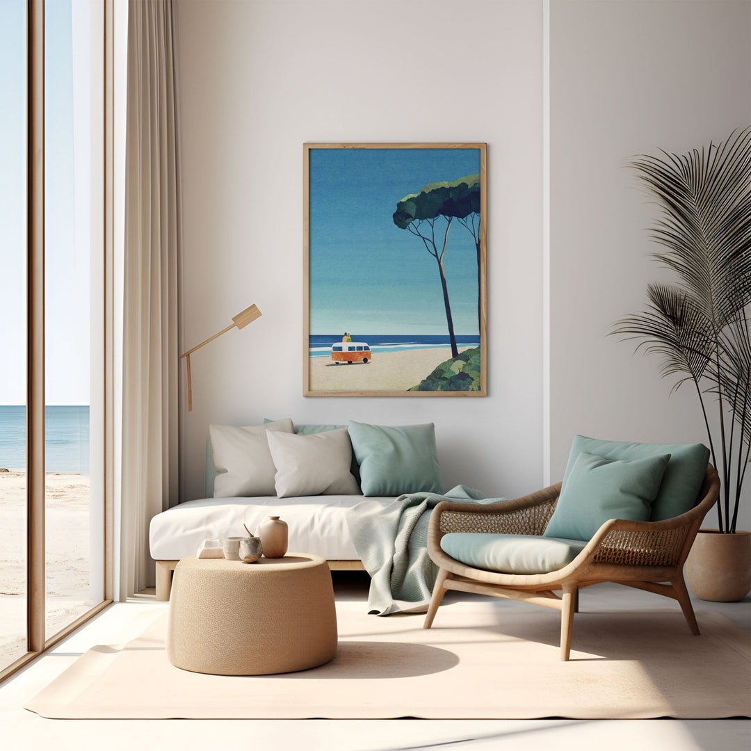 Modern living room with beach-themed artwork, furniture, and decor.