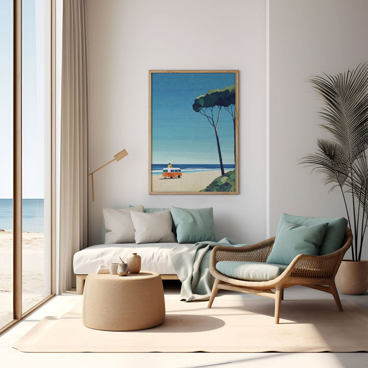 Modern living room with beach-themed artwork, furniture, and decor.