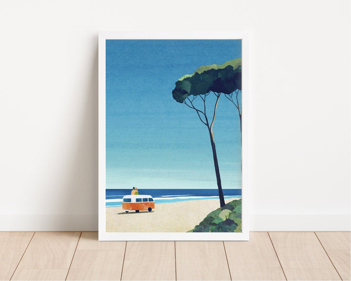 Artwork of a beach scene with a tree and a van on a white wall.