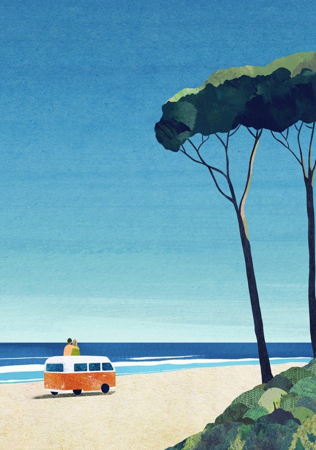 Illustration of a beach scene with a van and people under a clear blue sky. framed