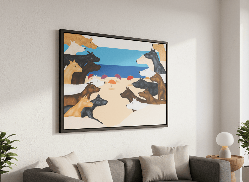 Modern wall art styled above a sofa in a neutral living room