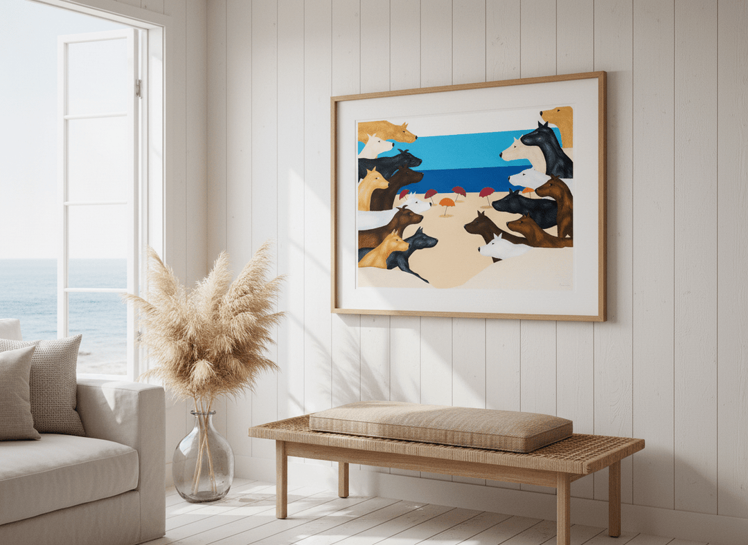 Neutral wall art displayed in a sunny coastal beach house