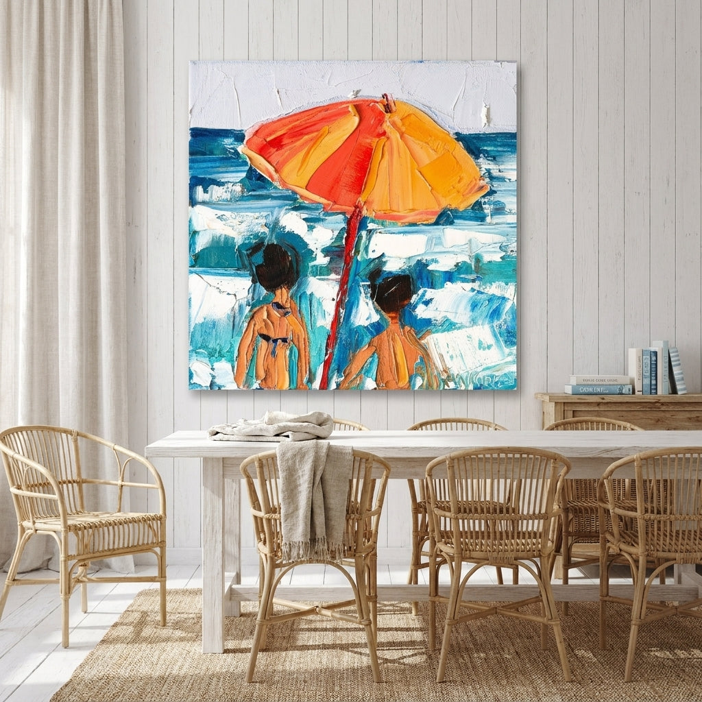Stretched canvas wall art styled on the wall in a coastal dining room