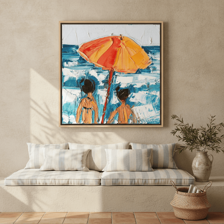 Oversized statement canvas wall art with a natural timber surround styled on the wall in a Mediterranean living room