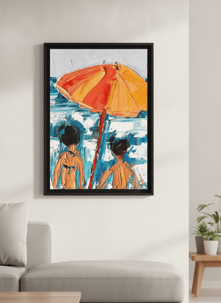 Modern wall art styled above a sofa in a neutral living room