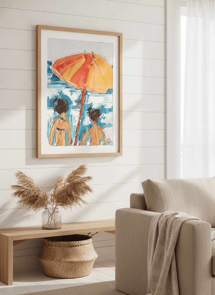 Neutral wall art displayed in a sunny coastal beach house