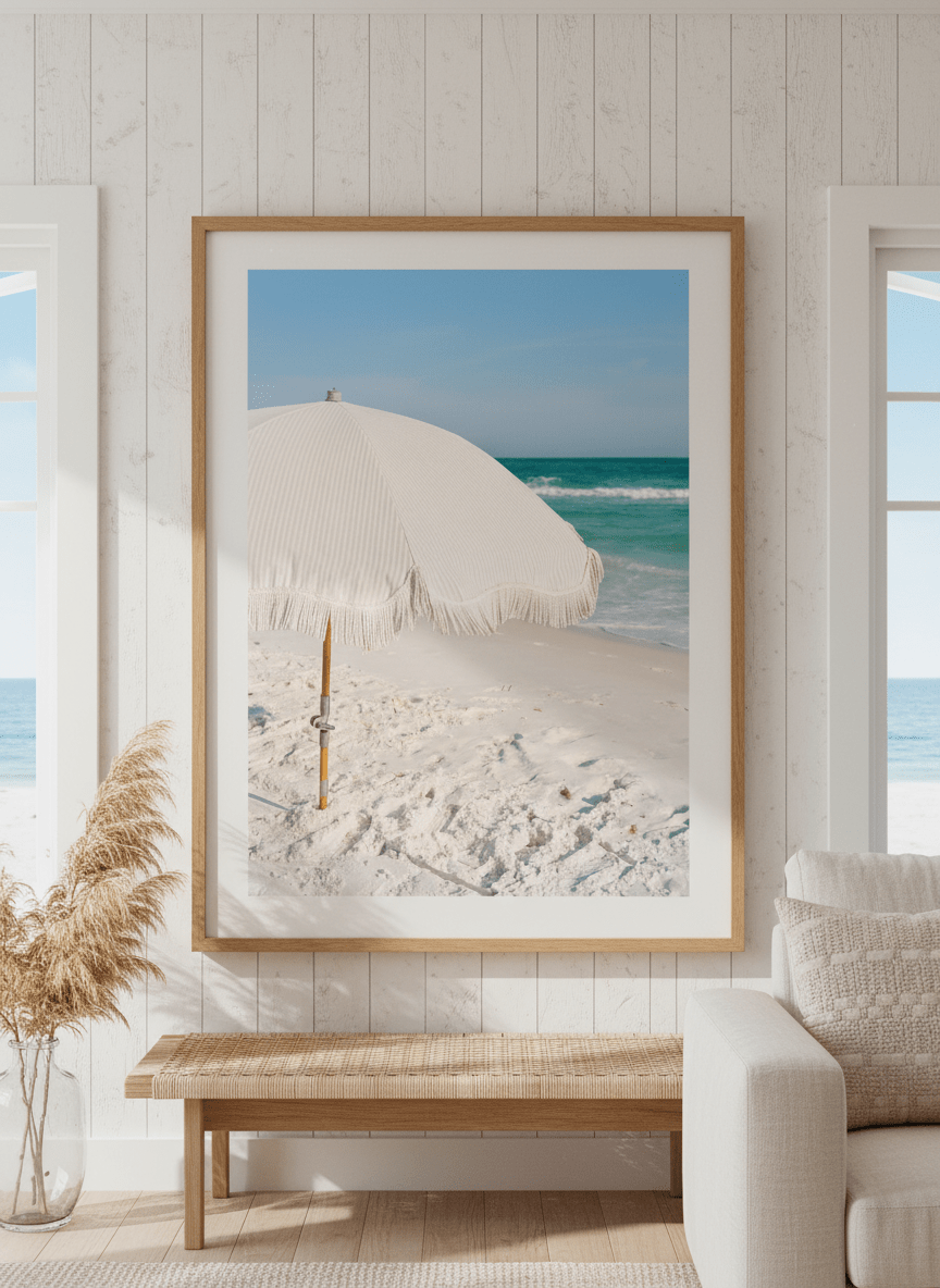 Neutral wall art displayed in a sunny coastal beach house